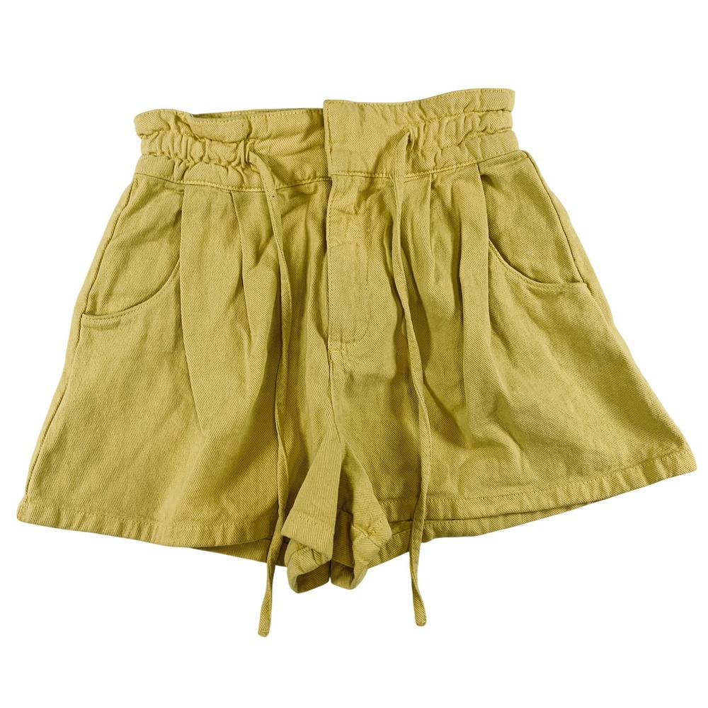 Zara Denim Women's Size S Yellow Paperbag Pleated High-Waisted Denim‎ Shorts